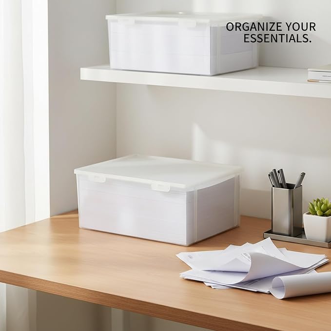 Clear A4 Document Storage Box with Lid, Stackable PP File Organizer for Office Desk & Shelf