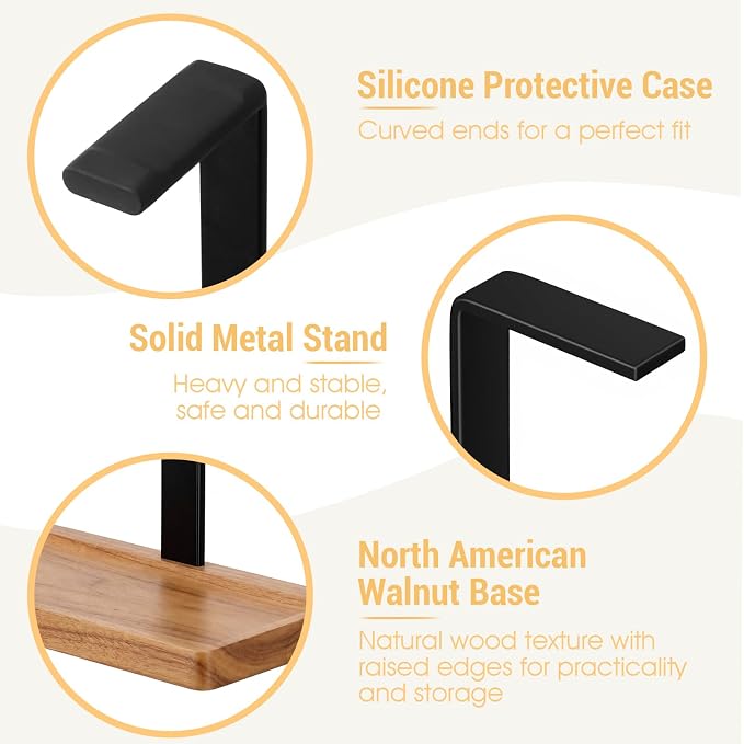 Wood Headphone Stand, Walnut Headset Stand for Desk, Universal Headphone Holder with Storage Base for Gaming, Music Headsets(Light Brown)