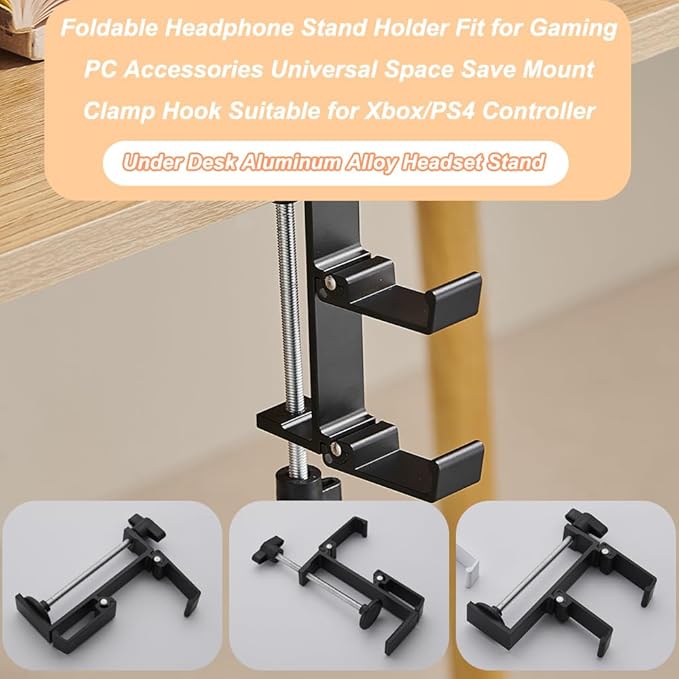 OURASHERO Headphone Stand for Desk Aluminum Alloy Headset Stand with Dual Foldable Hooks Headphone Holder Clamp Mount for Gaming PC Accessories Universal Space-Saving Under Table Headset Hangers