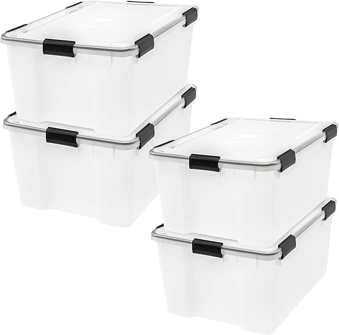 IRIS USA WeatherPro 63 Qt Storage Bins with Lids, 4 Pack, BPA-Free Plastic Gasket Box with Tight Latch and Seal, Stackable Nestable Tote Tub - Clear/Black