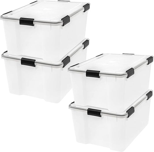 IRIS USA WeatherPro 63 Qt Storage Bins with Lids, 4 Pack, BPA-Free Plastic Gasket Box with Tight Latch and Seal, Stackable Nestable Tote Tub - Clear/Black