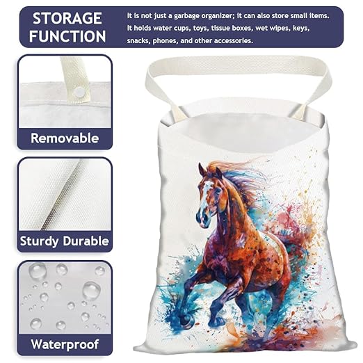 Horse Car Trash Bag Waterproof Hanging Garbage Bag with Snap Buttons Car Back Seat Trash Storage Portable Dustbin Vehicle Rubbish Bags for Kitchen Home Travel Camping
