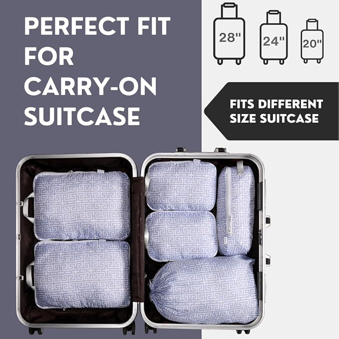 Compression Packing Cubes for Travel 6pc Set with Laundry Bag/Backpack-Luggage Organizers for Suitcase-Lightweight Compressible - Light Blue Boho