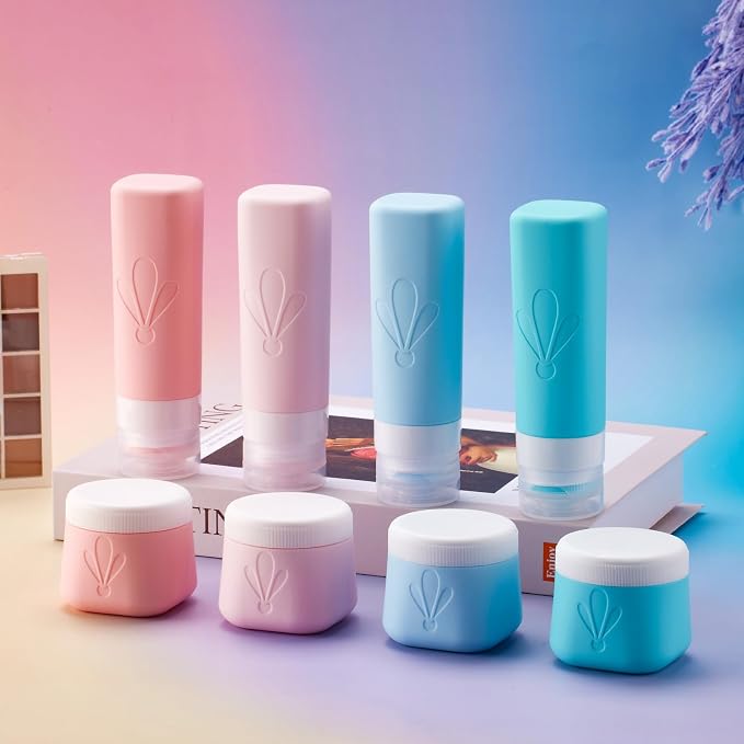 INSFIT travel bottles for toiletries 8 Pack, Leak proof Travel Size Toiletries Containers with toiletry bag, Squeezable Silicone Bottles & Cream Jars, Travel Essentials BPA-Free kit for Shampoo