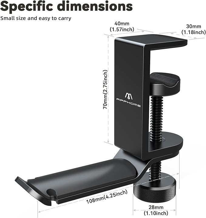 Under Desk Headphone Stand - 360 Degree Rotating Aluminum PC Gaming Headset Holder with Cable Organizer, Adjustable Screw Clamp Hanger for Heavy Headphones, VR Glasses & Bags, Universal Fit