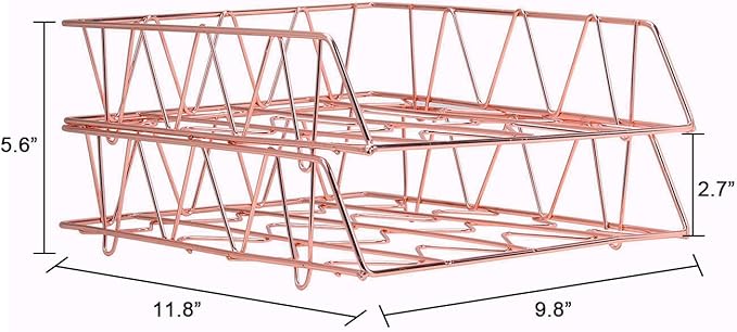 PAG Set of 2 Office Supplies Metal Stackable File Document Letter Tray Organizer for Desk, Rose Gold