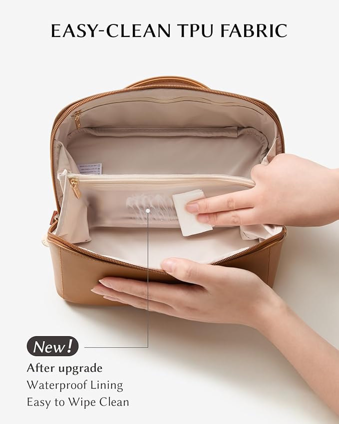 EACHY Travel Makeup Bag, Large Capacity Cosmetic Bag for Women, Waterproof PU Leather, Flat Open Portable Toiletry Bag for Skincare, Brushes & Travel Essentials