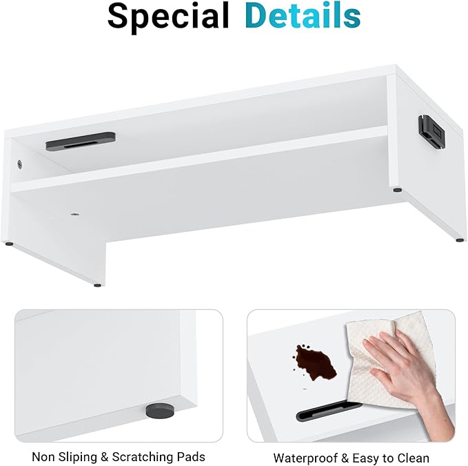 BONTEC Wood Monitor Stand Riser, 2-Tier Desktop Organizer with Storage, Ergonomic Computer Stand for Desk, Cable Management, Cellphone Holder, 21.3 Inch Shelf, White