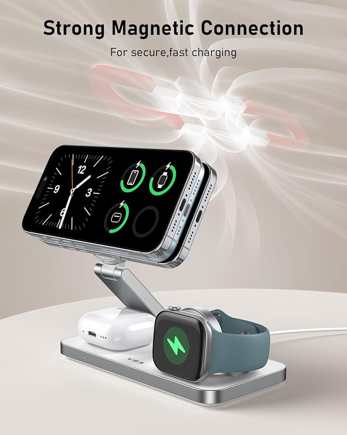 VBA 3 in 1 Wireless Charging Station for Apple MagSafe Charger,Foldable Fast Charging Magnetic Wireless Charger Stand,Travel Charger for iPhone 17 Air 16 15 14 13 12,Apple Watch,AirPods Pro(White)