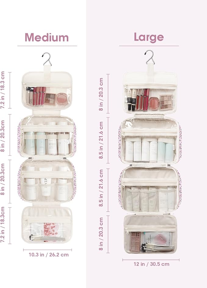 Narwey Travel Toiletry Bag for Women Large Hanging Makeup Bag Organizer Toiletries Bag for Full Size Essentials Accessories Cosmetics (Pink Flower (Large))