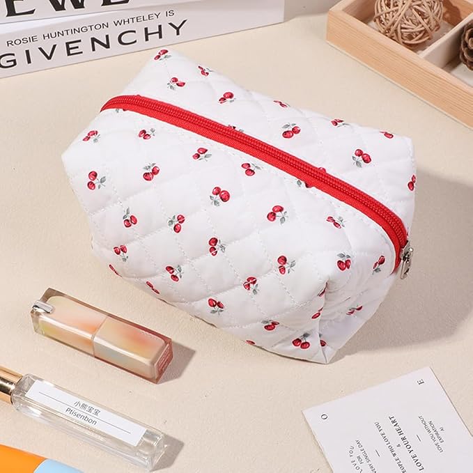 FITINI Makeup Bag Travel Large Quilted Toiletry Bag 3 Pack Portable Cosmetic Organizer Pouch with Small Brush Storage Case Zipper Waterproof for Women,Quilting Cherry