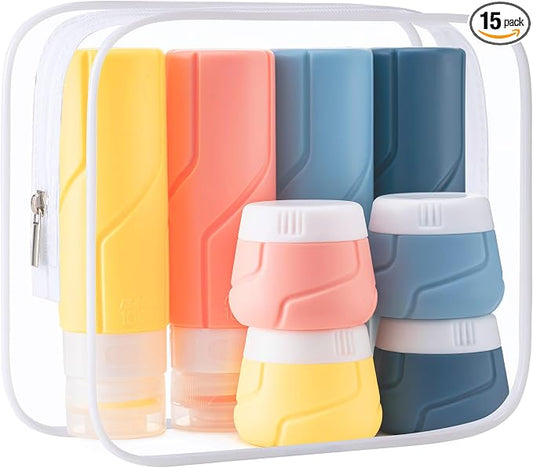 Travel Bottles - 15 Pack, TSA Approved Travel Size Toiletries, Leak Proof Silicone Squeezable Containers in Clear Bag(Blue)