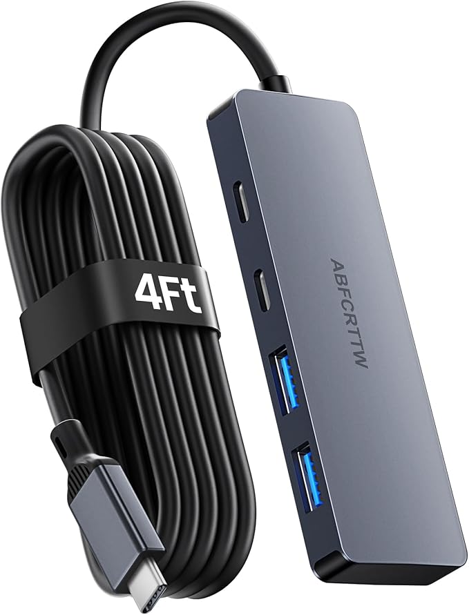 4FT USB C Hub 3.2 Multiport Adapter, 10Gbps Aluminium USB C to USB Hub with 2 USB-A & 2 Type-C Port, USB C Splitter for Thunderbolt, MacBook, Mac mini, Laptop, Desktop, etc.