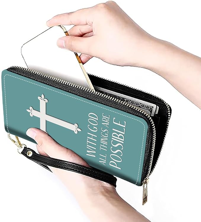 Women's Large Capacity Wallet PU Leather Zip Around Clutch Purse Multifunctional Wallet with Removable Wristlet Strap for Smart Phone/Coin/Card/Cash, Christian Cross with God All Things are Possible