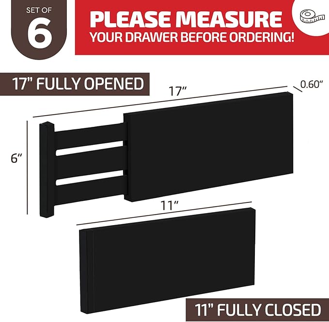 6-Pack Drawer Dividers 6 Inch High, 11??17" Adjustable Bamboo Organizers Large Expandable Drawer Separators for Cloths, Dresser, Bedroom, Bathroom, Baby Drawer, Office & Kitchen Utensils (Black)
