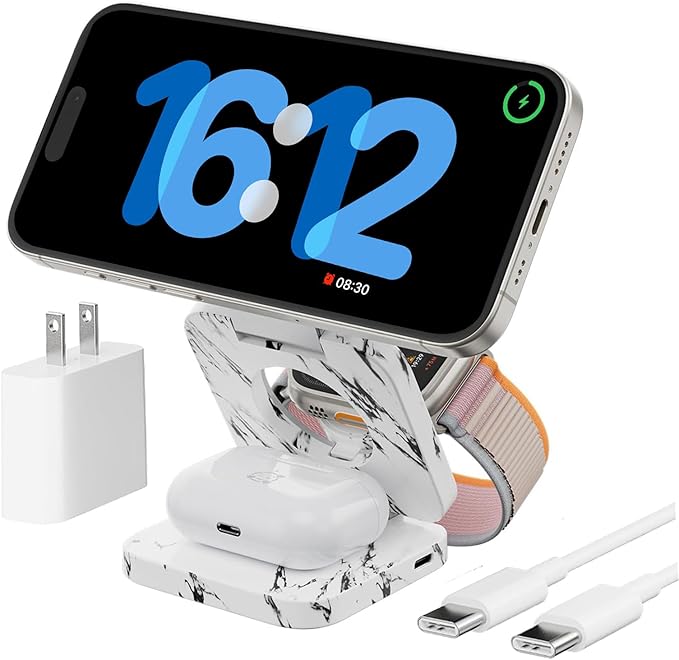 KU XIU X55 Nature Series Fast Magnetic Wireless Charger, Foldable 3 in 1 Charging Station for Apple, Mag-Safe Travel Charger Stand for iPhone 17 16 15 14 13 Series, Apple Watch & AirPods-Marble White