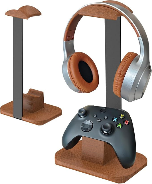 Walnut Headphone and Controller Stand, Desk Gaming Equipment Wooden Headset Controller Holder, Earphone Hook for Game Room Desktop PC Accessories, Gamer Gifts