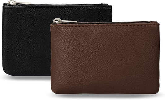 2 Pack Portable PU Leather Mini Coin Purse with Zipper for Women - Credit Card, Folded Bills, ID, Key, Headset, Lipstick (Black & Coffee)