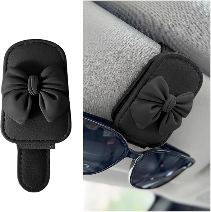 Bittwee Sunglasses Holder for Car Visor, Magnetic Cute Bow Leather Sun Visor Eyeglasses Mount & Ticket Card Clip, Magnet Automotive Interior Glasses Hanger Organizer, Universal for Vehicles (Black)