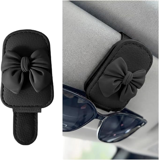 Bittwee Sunglasses Holder for Car Visor, Magnetic Cute Bow Leather Sun Visor Eyeglasses Mount & Ticket Card Clip, Magnet Automotive Interior Glasses Hanger Organizer, Universal for Vehicles (Black)