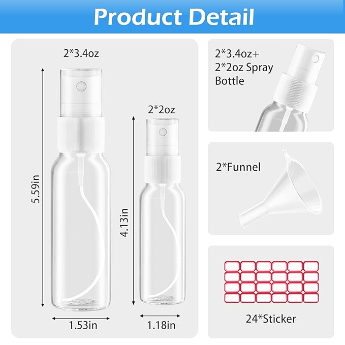 Zoizocp Spray Bottles, 2oz/50ml, 3.4oz/100ml Clear Empty Fine Mist Plastic Mini Travel Bottle Set, Small Refillable Liquid Containers with 2pcs Funnels and 24pcs Labels (4 Pack)