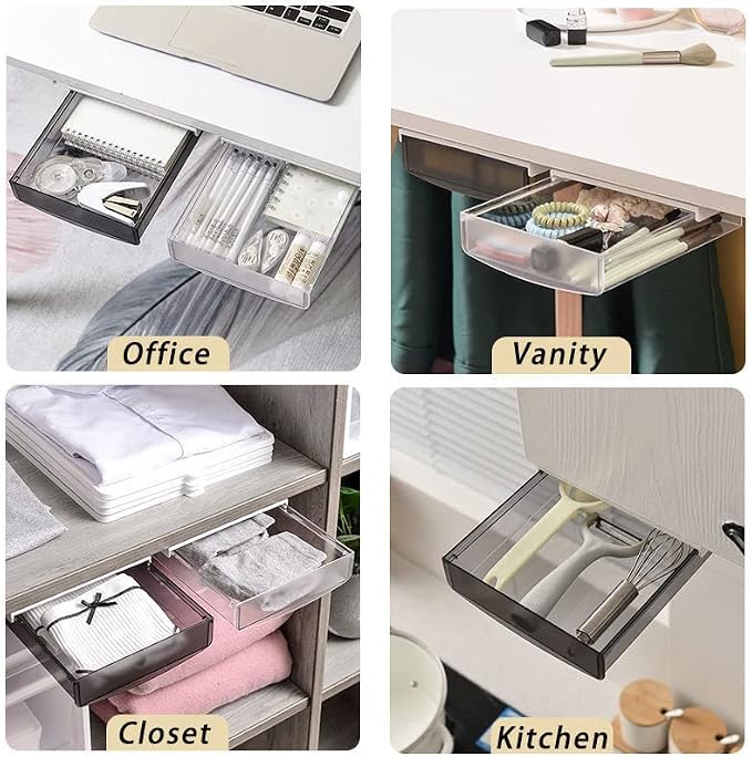 SOUJOY 3 Pack Under Desk Drawer, Self-Adhesive Slide Out Organizer Tray, Plastic Stick On Table Hidden Attachable Drawer Tray for Office Home School Kitchen