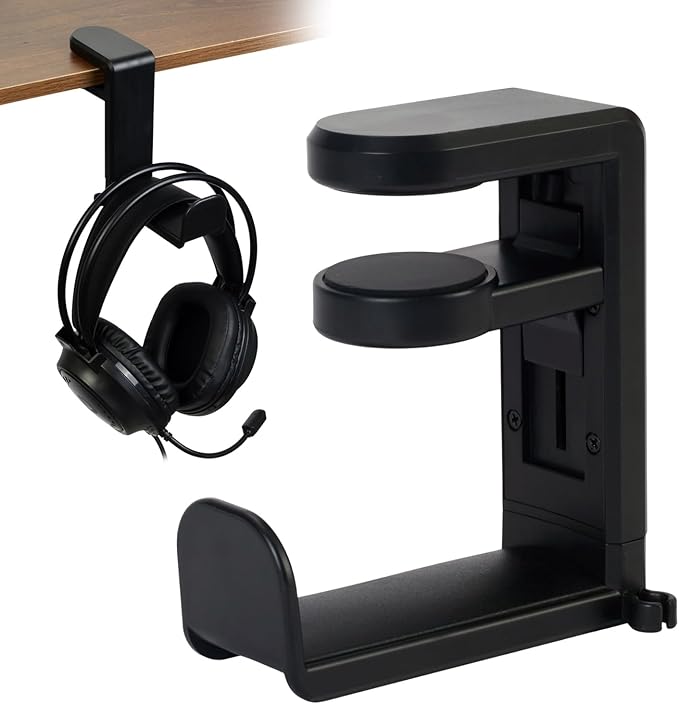 Headphone Stand for Desk - Clamp On Headset Holder with 360° Rotation & Cable Management - Universal Desktop Headphone Hanger Hook for All Headsets