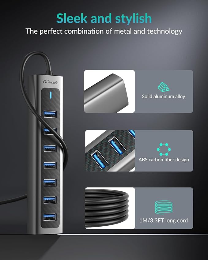 GiGimundo USB 3.0 Hub, 7-Port USB Extender Hub with 3.3FT Long Cable, USB Splitter, Aluminum High-Speed 5Gbps USB Hub for PC, Laptop, Desktop, Computer, PS5, XPS(Gray,1M)