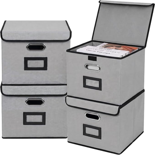 File Storage Box with Lid, 15.55x12.87x10.43 Inches, Foldable Organizer with Handles & Label Slot, for File Storage, Home, Office, and Closet Organization(4 Packs, Grey)
