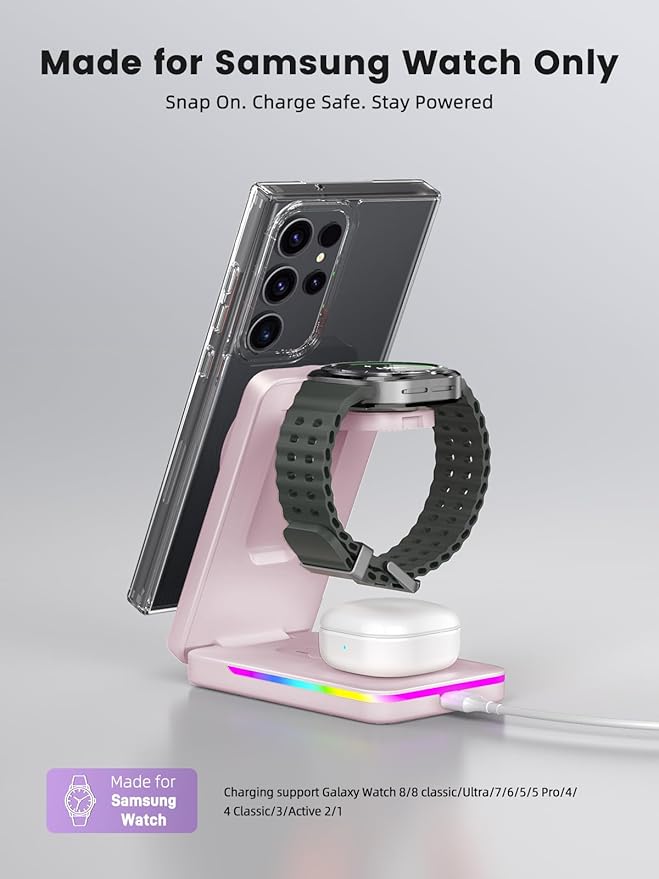 Magnetic Wireless Charger for Samsung Galaxy S26 Ultra, 3 in 1 Wireless Charging Station for Samsung Watch 8, Travel Foldable MagSafe Charger Stand for Android S25 Ultra/Z Fold/Z Flip 7, Buds 4 Pro