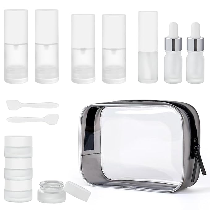 Travel Bottles for Toiletries,14pcs,Toiletry Bag,Airless Pump Bottles,Dropper Bottles,glass jars,Spray bottle,Leak Proof&Refillable,TSA Approved
