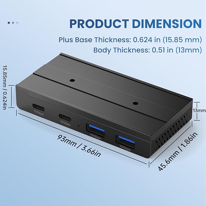 EJAY 10Gbps Magnetic USB-C Hub, 4-Port USB 3.2 Gen2 Aluminum Splitter, Desk Mounted with Extra Long 47" Cable, Anti-Slip Under Desk Hub for MacBook, Surface, Dell, Black