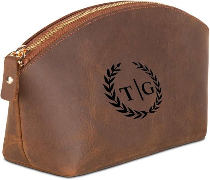Blade Premium Personalized Genuine Leather Cosmetic Makeup Bag - Wedding Gift for Bridesmaid, Travel Organizer Clutch for Women with Zipper Pouch for Toiletry Essentials (Tobacco)