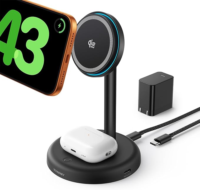 THREEKEY 25W Wireless Charger Stand: Qi2.2 Certified 2-in-1 Fast Charging Station for Apple with Cooling Fan - for iPhone 17/16/15/14/13/12 & AirPods Nightstand, Office, Desk (45W Adapter Included)