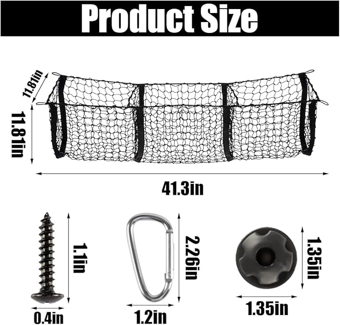 Detachable Cargo Net for Car, Expandable 3 Pocket Heavy Duty Cargo Net Organizer with 4 Metal Carabiners, Compatible with SUVs, Cars, Pickup Trucks, Van Trunk Beds