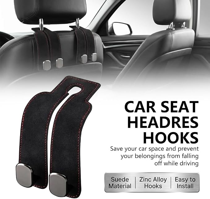 FXOICMI Car Seat Headrest Hooks, Purse Hooks for Car with Double Hooks, Leather Car Seat Hooks for Purses and Handbags, Heavy Duty Car Purse Holder Hanger for Travel, Keep Car Tidy (Black 4Pcs)