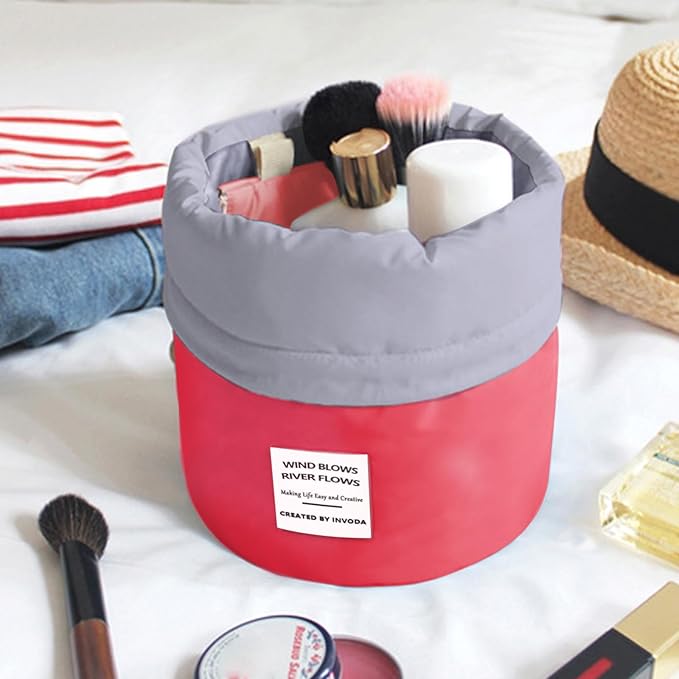INVODA Drawstring Cosmetic Bag Travel Makeup Bag for Women Toiletry Bag Portable Drawstring Make up Organizer Bag for Travel (Red)