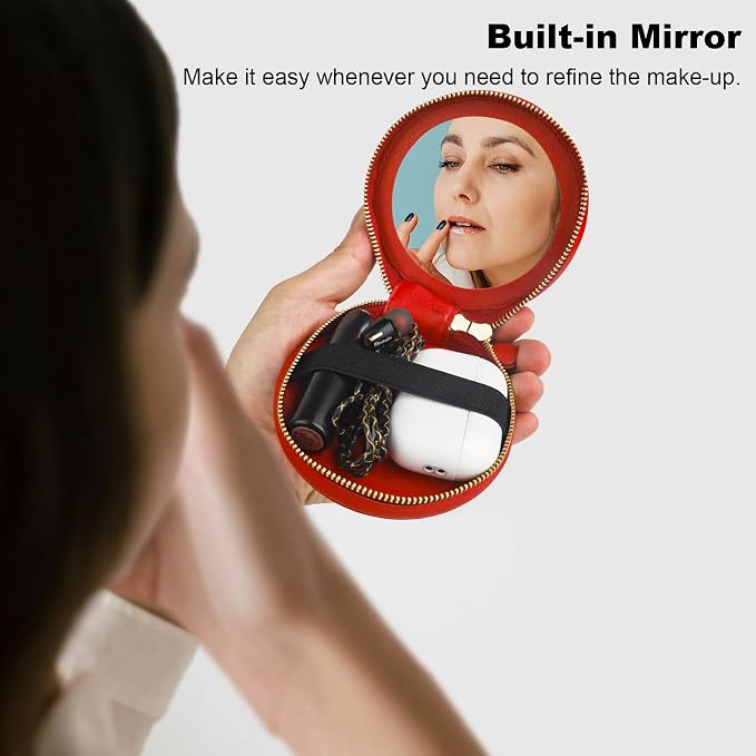 Bocasal Coin Pouch Mini Lipstick Cosmetic Bag with Airtag Holder Mirror, Leather Zipper Travel Makeup Bag Organizer Keychain Ring Clasp for Keys Earbuds Earphone Lip Gloss Chapstick Women Girls (Red)