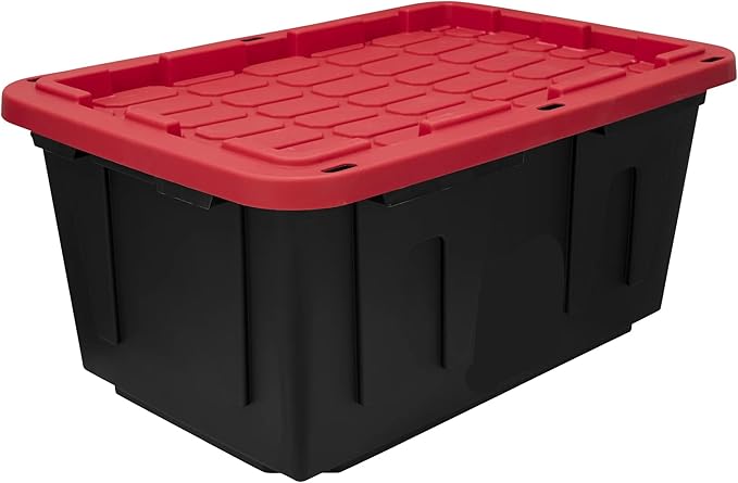 (Pack of 4) 27-Gallon Heavy Duty Plastic Storage Container Bin with Secure Snap Lid, Black and Red, Large Capacity Tote for Organization