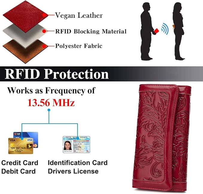 MEITRUE Women's Wallet Leather RFID Blocking Trifold Ladies Purse Embossed long Clutch Card Holder Phone Checkbook Organizer
