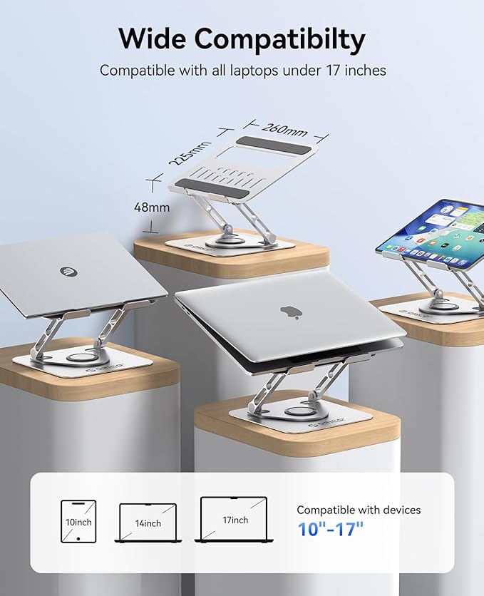 ORICO Adjustable Laptop Stand for Desk, 360° Rotating Base, Foldable Aluminum Alloy Computer Stand with Ventilated Design, Compatible with MacBook Air/Pro, Dell, XPS, HP up to 17'' - ST12, Silver