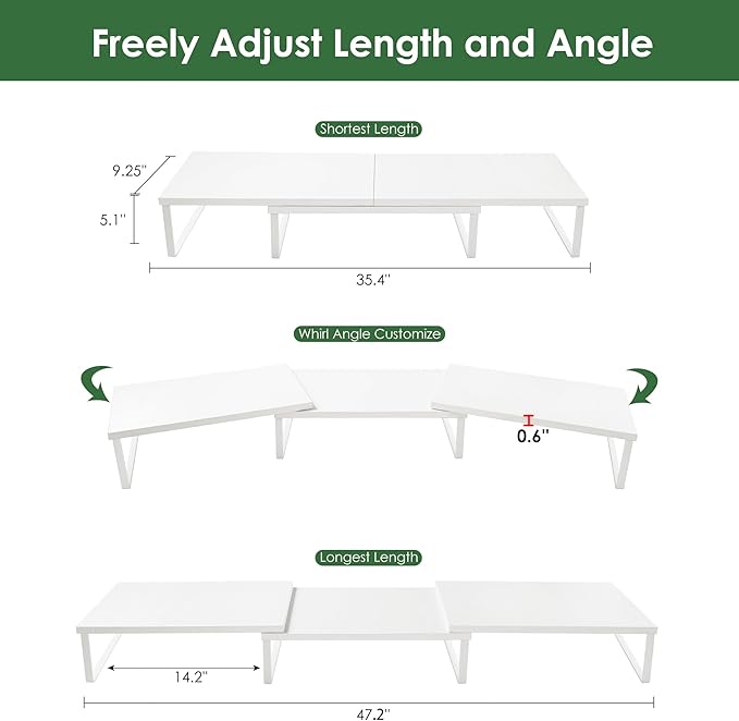 RUILALIFE Dual Monitor Stand Riser w/ Drawer & Metal Leg, Large White Computer Monitor Riser w/ Storage For 2 Screens, Desk Shelf w/ Adjustable Length & Angle, Desktop Organizer