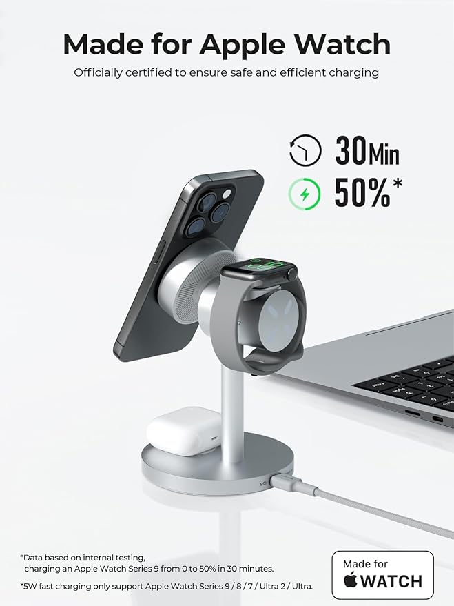 3-in-1 Fast Wireless Charging Station for MagSafe, Qi2 Certified Wireless Charger Stand, Magnetic Charger, MagFusion Wireless Charger for iPhone 17/16/15/14/13/12 Series, Apple Watch, AirPods, Silver
