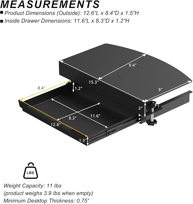 Clamp on Desk Corner Sleeve with Drawer, L Desk Connector Platform with Mounting Under Desk Drawer Hanging Corner Desk for Extender Desk Space