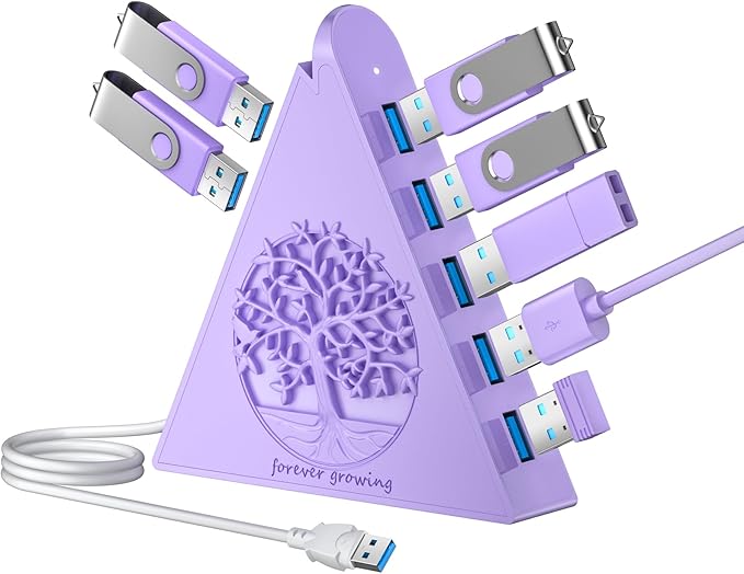 7-Port USB 3.0 Hub, Light Purple Vertical USB Splitter with Tree-Inspired RGB Lights, 5Gbps High-Speed Transfer, 2FT Cable, Compatible with MacBook, PC, Flash Drive, Console, Printer, Camera