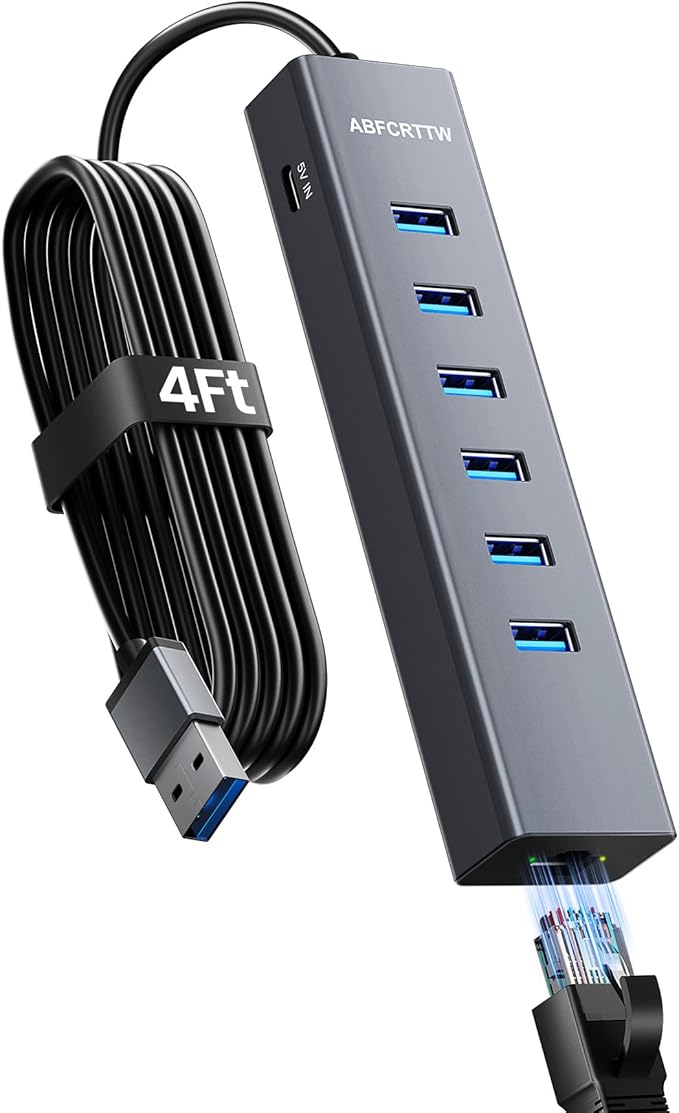 4FT USB to Ethernet Adapter, 7-in-1 USB Hub 3.0 Multiport Adapter with Ethernet 1Gbps & 6 USB 3.0 Port, USB Ethernet Adapter for Desktop, Laptop, MacBook, XPS Windows