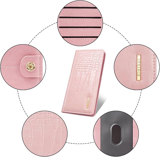 Wallet Women Bifold Faux Crocodile Leather Minimalist Slim Thin Long Wallets RFID Blocking Credit Cards Holder Purse with Back Zipper Coin Pocket for Women and Men,Pink