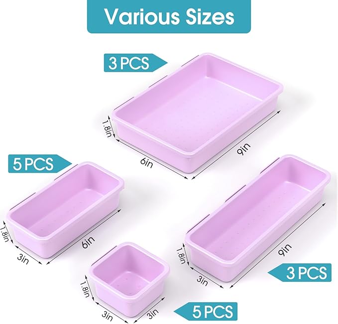 16 PCS Drawer Organizer Set, 4 Size Makeup Drawer Divider Organizer With Non-Slip Pads, Interlocking Plastic Storage Bins for Office,Jewelry Vanity,Gadgets, Bathroom,Kitchen, Purple
