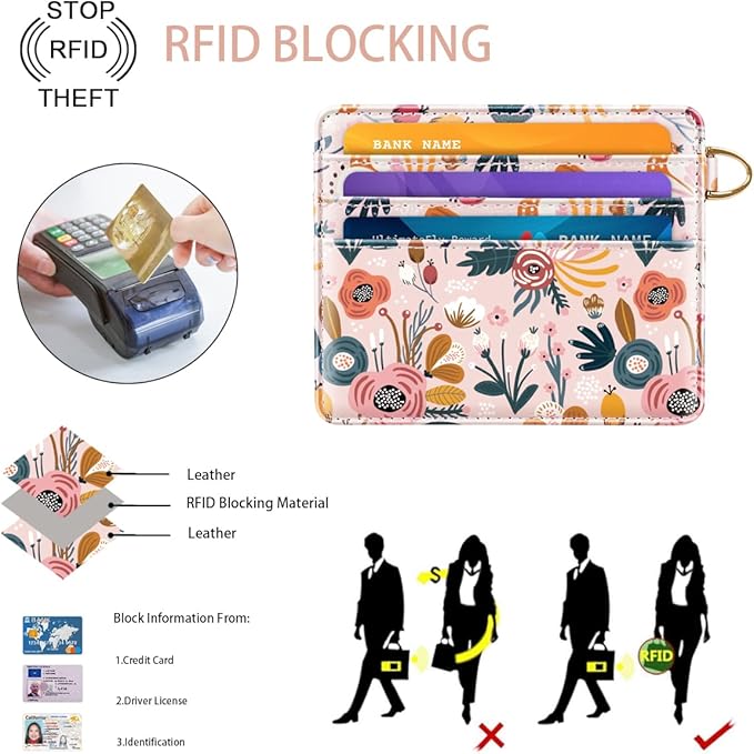 Slim Minimalist Front Pocket RFID Blocking Credit Card Holder Small Wallet Cute Card Cases for Women,Pink Flowers