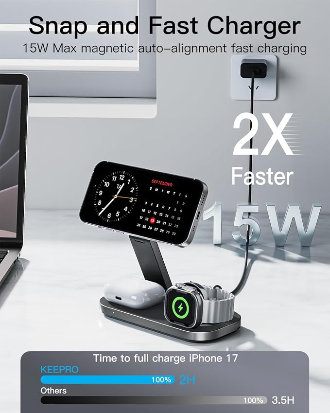 Keepro 3-in-1 Charging Station for Apple Device, Foldable Magnetic Wireless Fast Charger Stand Compatible with MagSafe for iPhone 17e/17/16/15/14/13/12/Air Series, Apple Watch & AirPods-Black